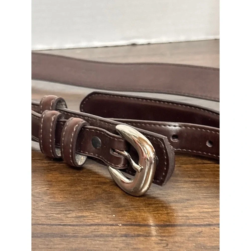 Brown Leather Ranger Belt Stitched Tapered Western Silver Tone Buckle Size 40